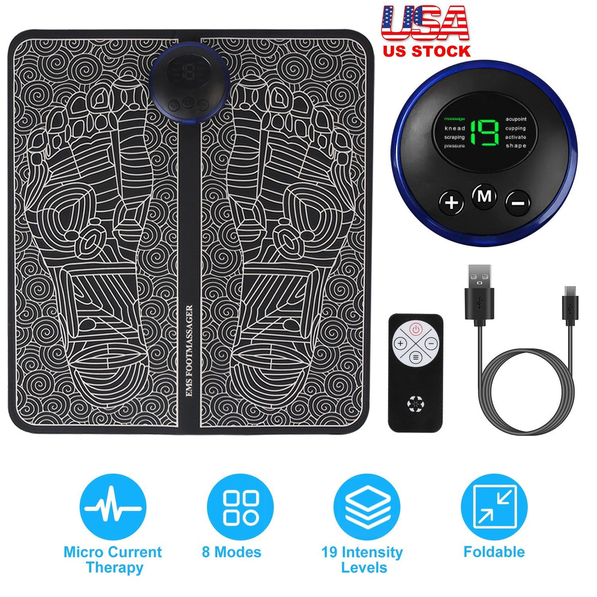 Foot Massage Pad Electric Stimulator Massager Unit Leg Reshaping Muscle Pain Relax Foldable Massage Mat with 8 Modes 19 Intensity Levels Remote Contro