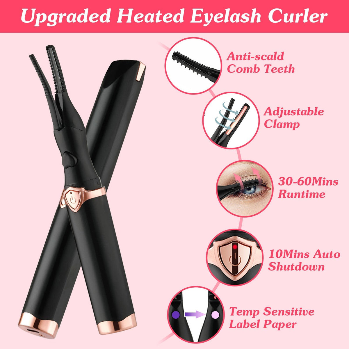 2 In 1 Clip Comb Heated Eyelash Curler Electric Mini Lash Curler Natural Eye Lash Makeup Tool with 3 Temp Settings 10Mins Shutdown