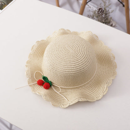 Girl Cherry Straw Hat Bag Set Princess Hat Beach Hat Sun Hat