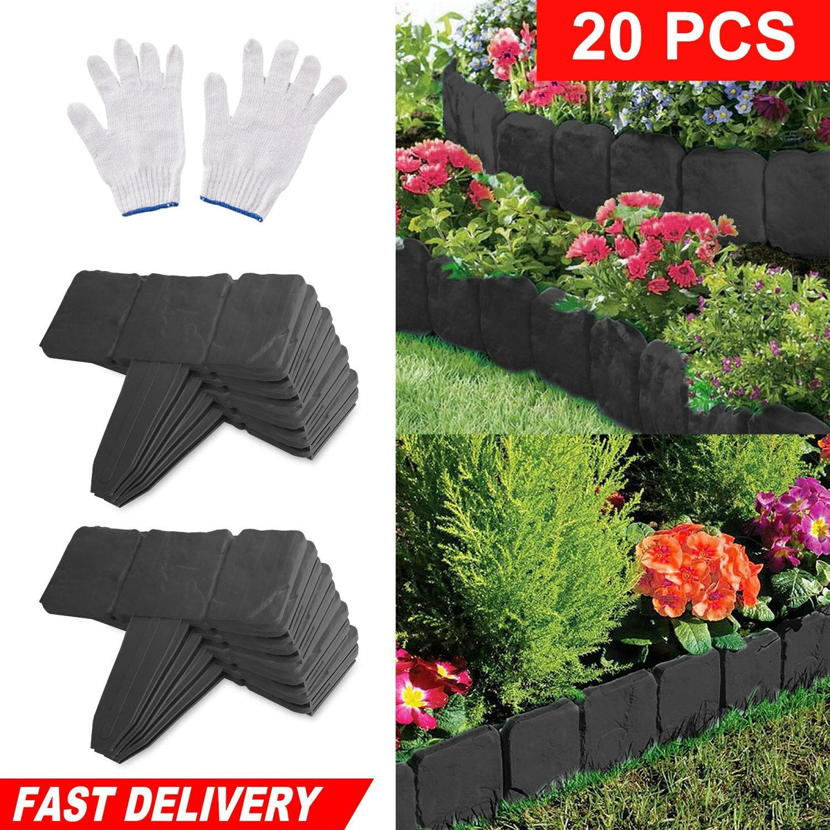 Plastic Garden Lawn Edging 20-Piece Cobblestone Effect