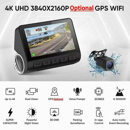 4K HD Dual Lens Dash Cam With Smartphone WiFi Connectivity And Built In GPS