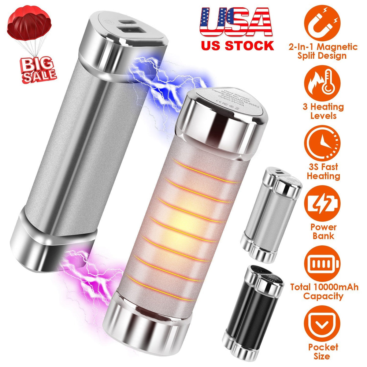 2 Packs 10000mAh Split-Magnetic Handwarmers 2 in 1 Portable Electric Pocket Heater Power Bank Portable Charger with 3 Heating Levels  for Camping Hunt