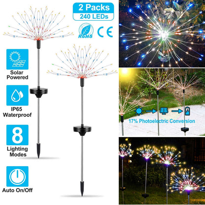 2Pcs Solar Powered Starburst Lights 240 LEDs Firework Lamp Garden Path Decor Lights
