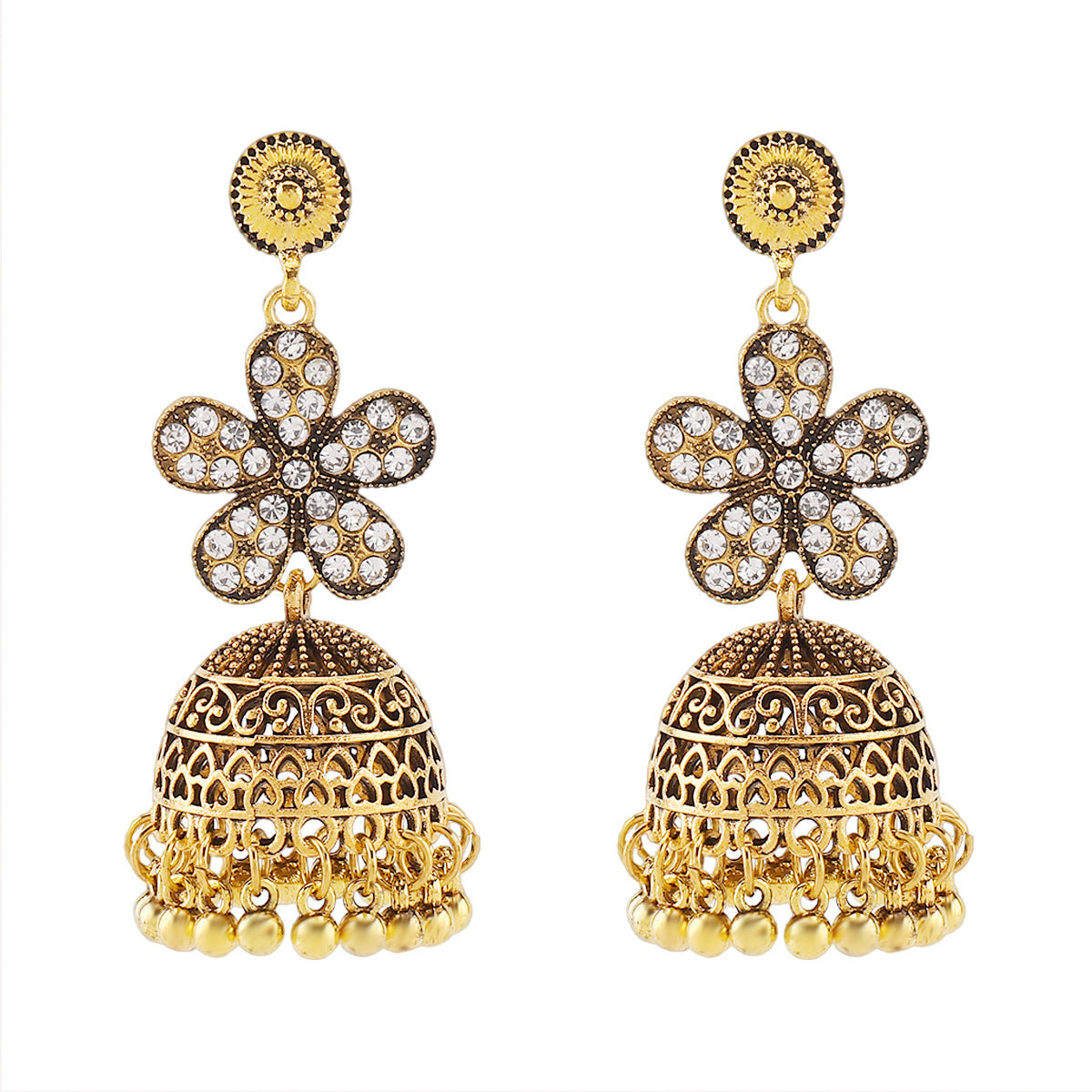 Retro Floral Rhinestone-studded Tassel Stud Earrings