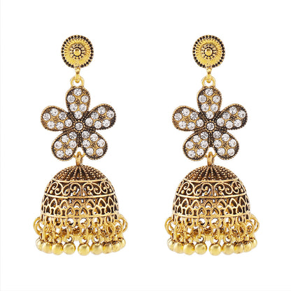 Retro Floral Rhinestone-studded Tassel Stud Earrings