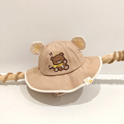 Children's Single-color Hemmed Cartoon Bear Pattern Embroidered Casual And Cute Wide-brimmed Fisherman Hat, Suitable For Travel And Outings.