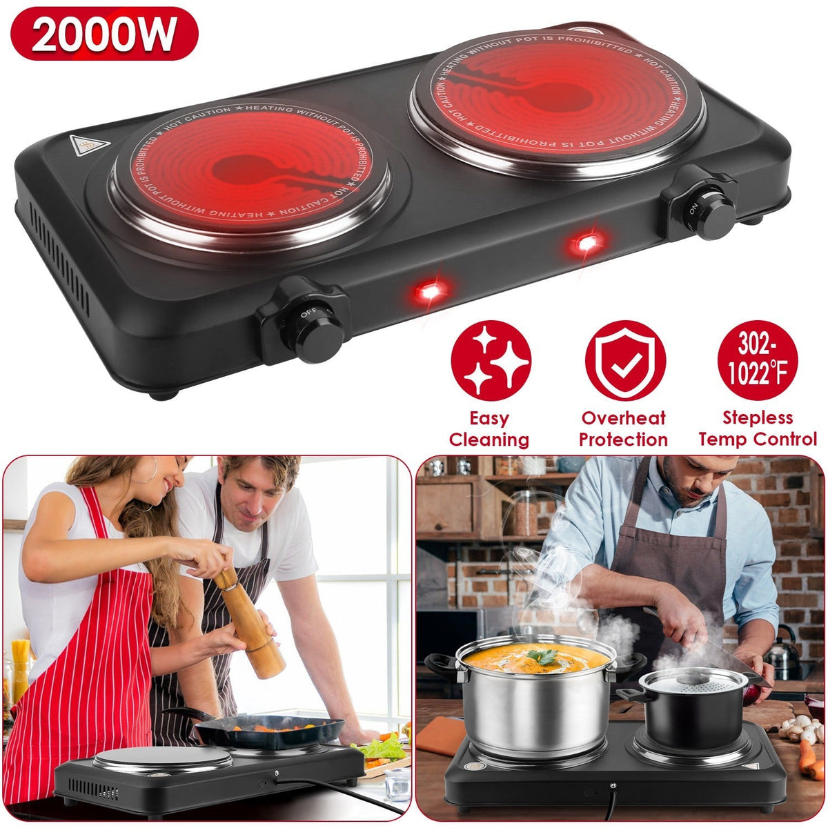 2000W Electric Infrared Dual Burner Portable Heating Hot Plate Stove Countertop RV Hotplate with 7.5Ó & 6.3Ó Glass Cooktop Stepless Temperature Adjust