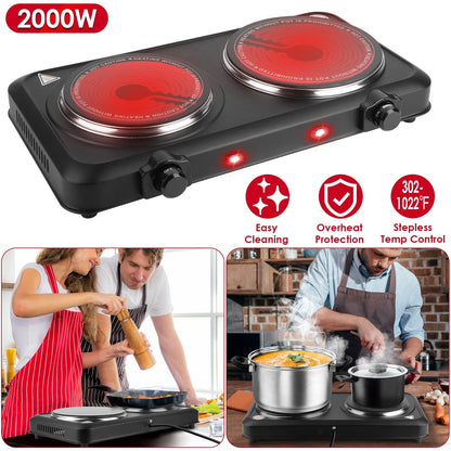 2000W Electric Infrared Dual Burner Portable Heating Hot Plate Stove Countertop RV Hotplate with 7.5Ó & 6.3Ó Glass Cooktop Stepless Temperature Adjust