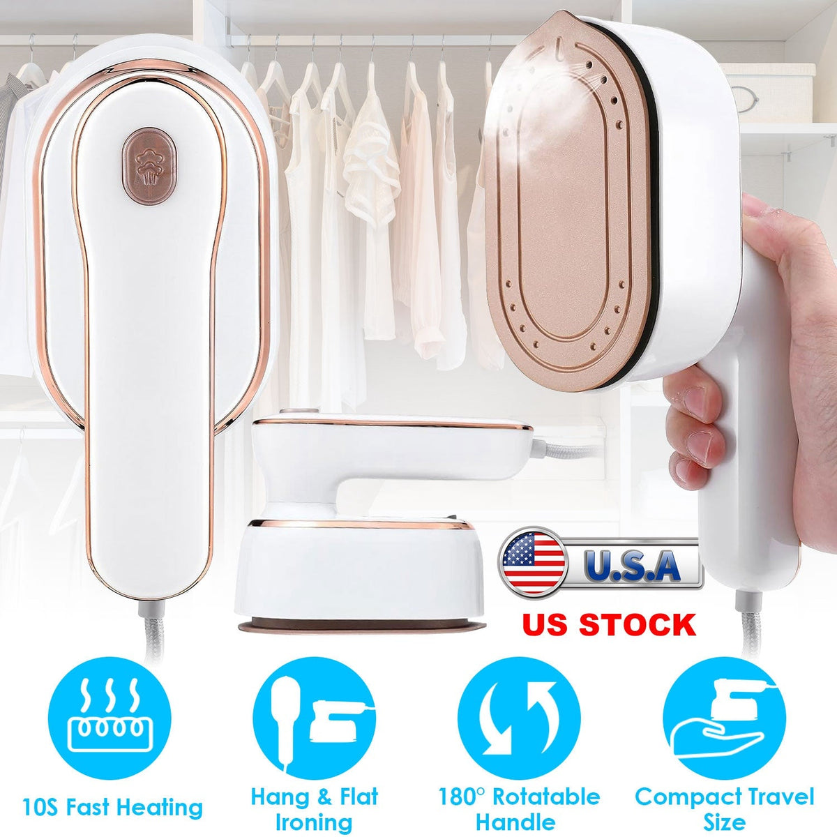 Portable Handheld Garment Steamer with 180° Rotatable Handle