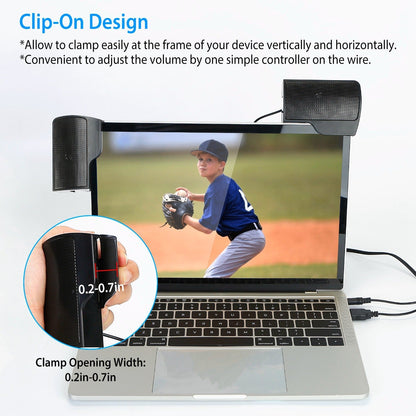 Clip-On Computer Sound Bar Portable USBÊStereo Mini Wired Speaker w/ Volume Control 3.5mm Jack For Desktop Computer Laptop Notebook PC Tablets Plug An