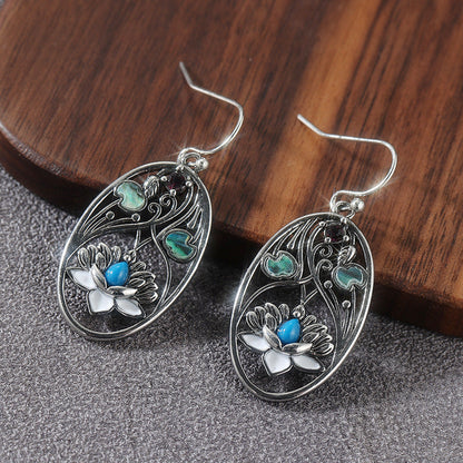 Vintage Lotus Flower Drop Earrings Silver Tone Brass Women Blue Green Boho Daily Fashion Jewelry