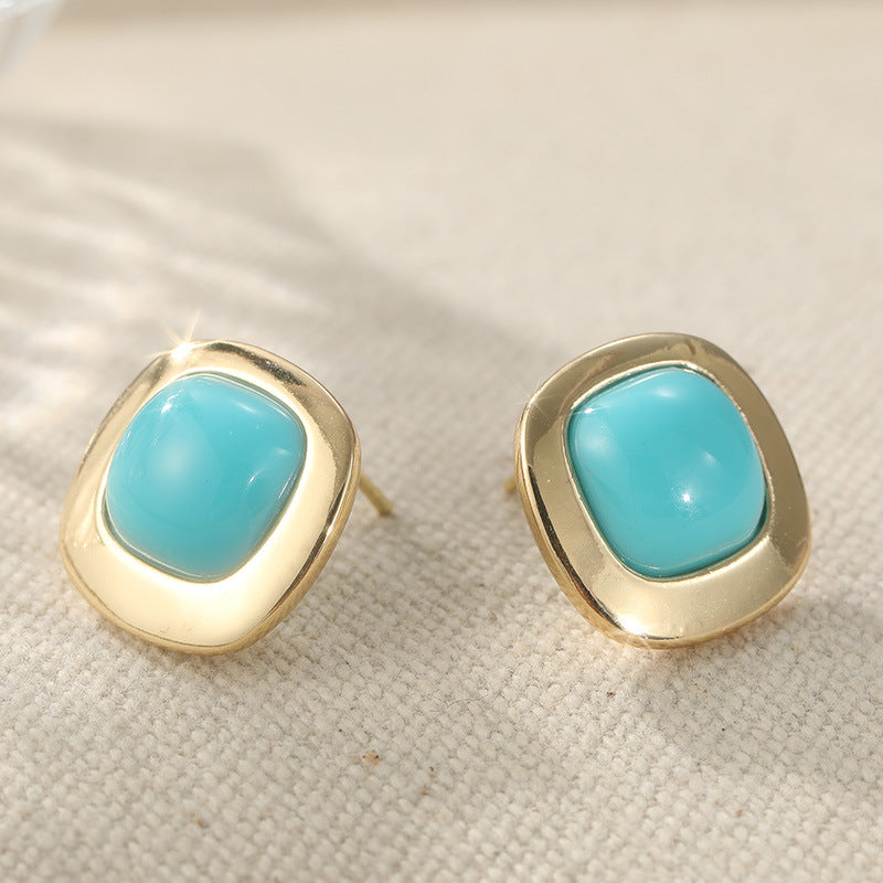 Turquoise Color Square Stud Earrings Gold Tone Brass Women Minimalist Daily Fashion Jewelry Elegant Versatile