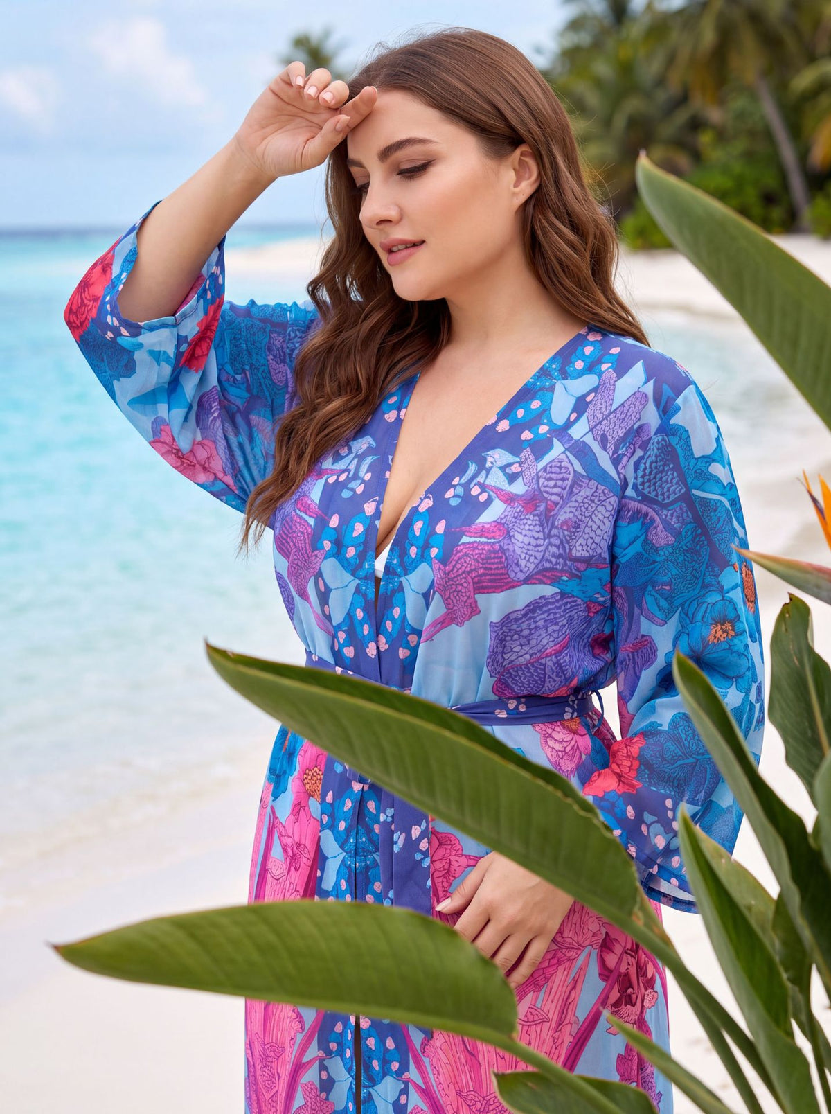 Cross-border European And American Style Printed Vacation Loose Plus-size Long Dress Beach Cover-up Dress Bikini Cover-up Women's Clothing