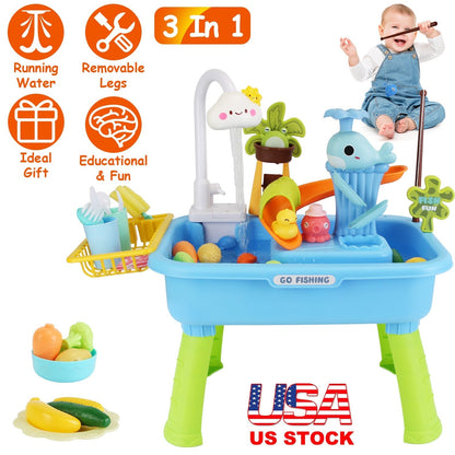 3 In 1 Kitchen Sink Toy with Electric Faucet Water Table Fishing Game Role Play Sink Set Indoor Outdoor for Kids Aged 3+ Years Old