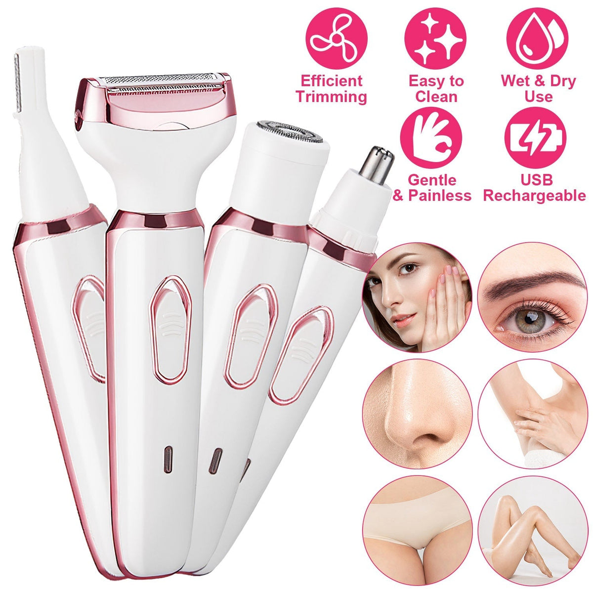 4 In 1 Electric Razor for Women Painless Grooming Kit Rechargeable Eyebrow Nose Hair Pubic Hair Bikini Trimmer Face Shaver