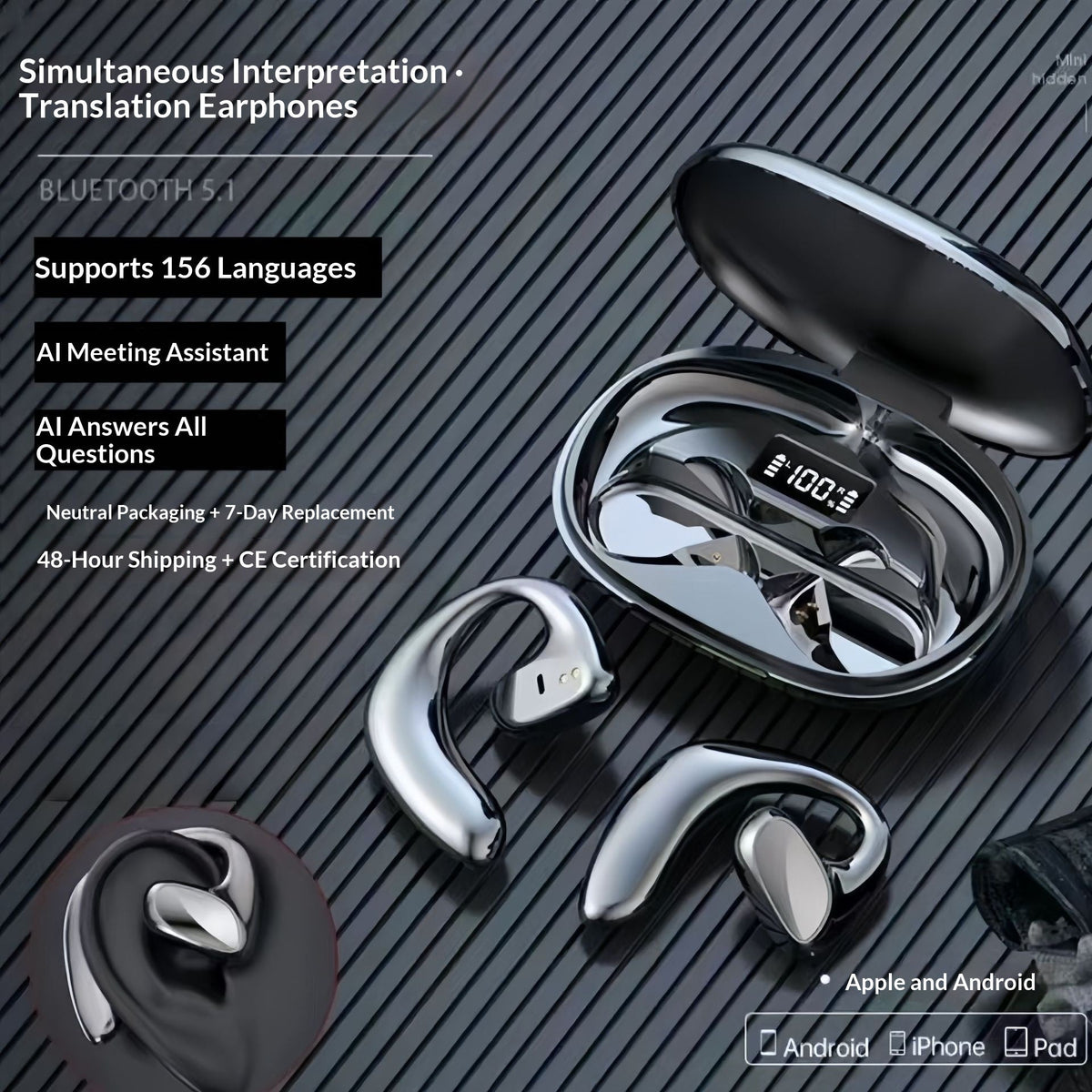 Ear-hook Wireless Translation Headphones - Long Battery Life Open-ear Bluetooth Headset with Real-time Multi-language Interpretation for Sports and Business