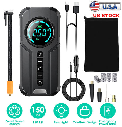Car Tire Inflator Pump Portable Car Air Compressor Wireless Electric Air Pump 150 PSI with LED Light