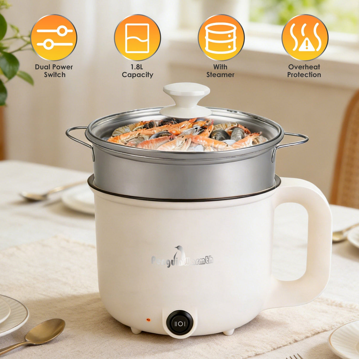 Electric Hot Pot with Steamer 1.8L Dual Power Ceramic Cooker