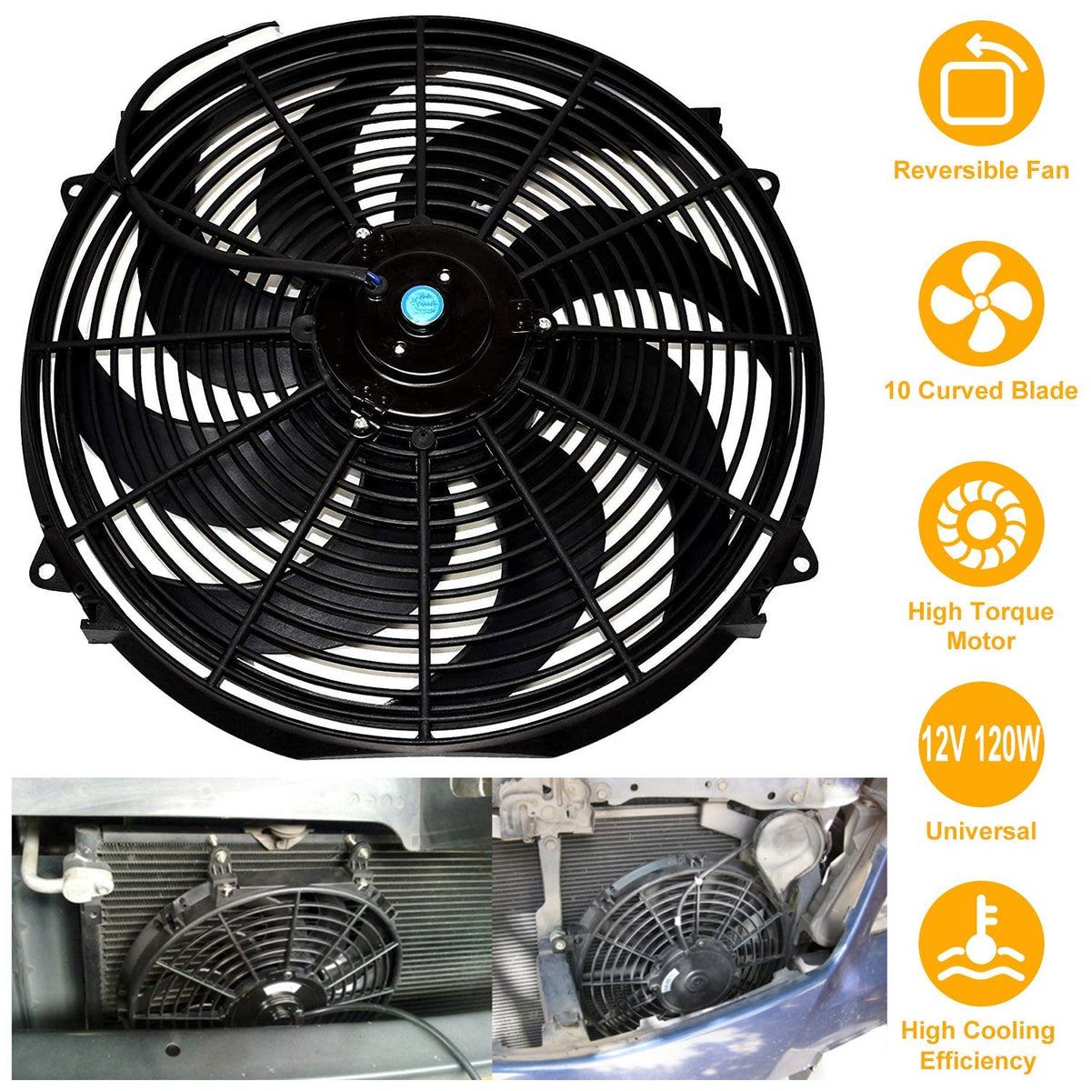 16 Inch Electric Radiator Cooling Fan 12V 120W 10 Blades Car Thermostat Kit w/ Mounting Kit