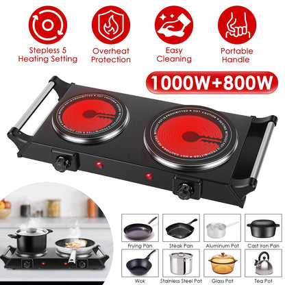 1800W Electric Double Burner Portable Heating Hot Plate Stove Countertop RV Hotplate with 5 Temperature Stepless Adjustments Portable Handles