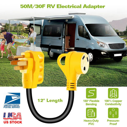 iMounTEK RV Electrical Dogbone Converter 50 AMP Male To 30 AMP Female Adapter Cable 12inch w/ Handle