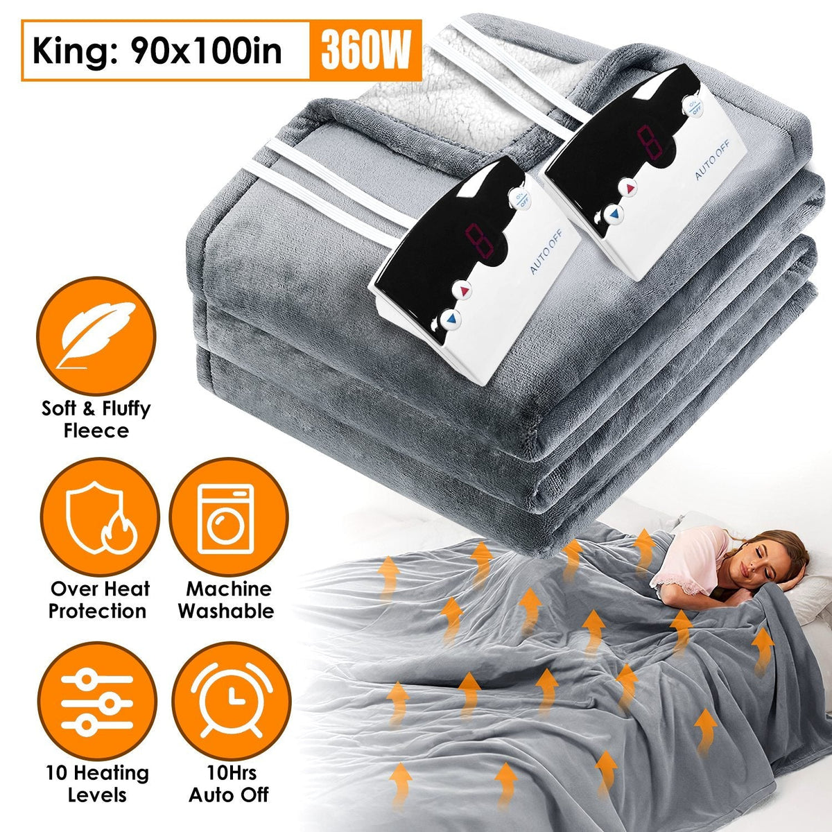 Electric Heated King Size Fleece Heated Blanket with Dual Controller 10 Heating Levels 10 Hours Auto Off Machine Washable for Home Office Usage 90x100