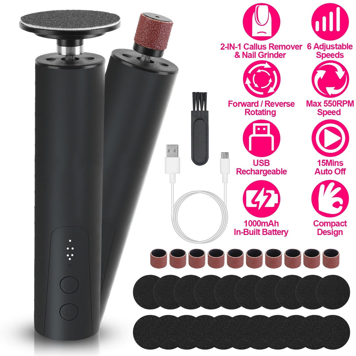 Electric Foot Callus Remover 2 in 1 Rechargeable Foot File Nail Grinder Dead Skin Pedicure Tool Machine with 2 Grinding Heads Total 30Pcs Replaceable