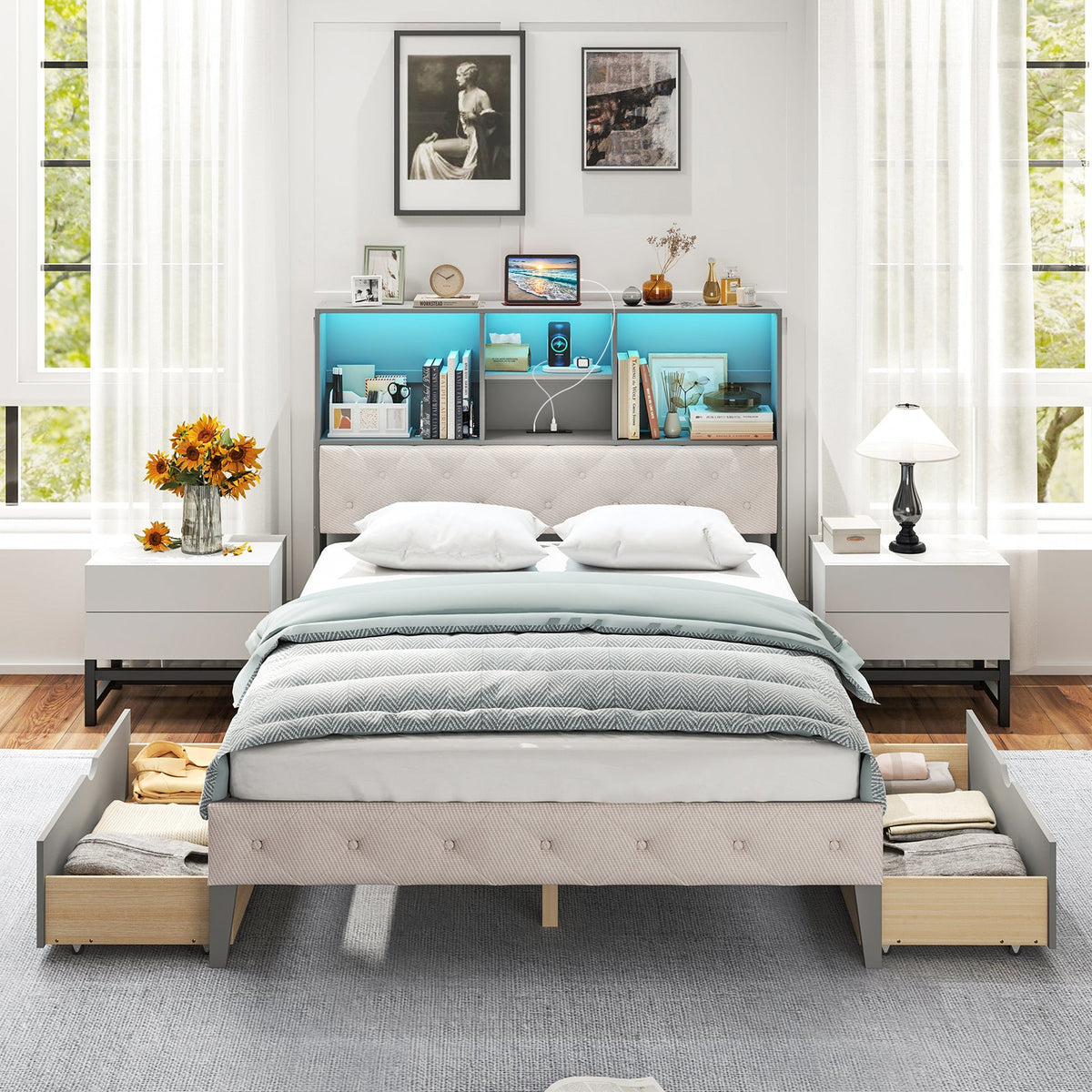 Full Size Bed Frame with Bookcase Headboard and LED Lights-Gray