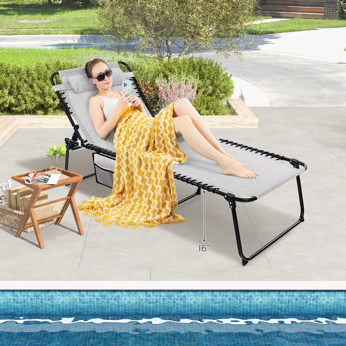 4 Position Folding Lounge Chaise with Adjustable Backrest and Footrest