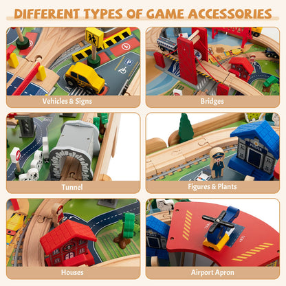 Kids Double-Sided Wooden Train Table Playset with Storage Drawer