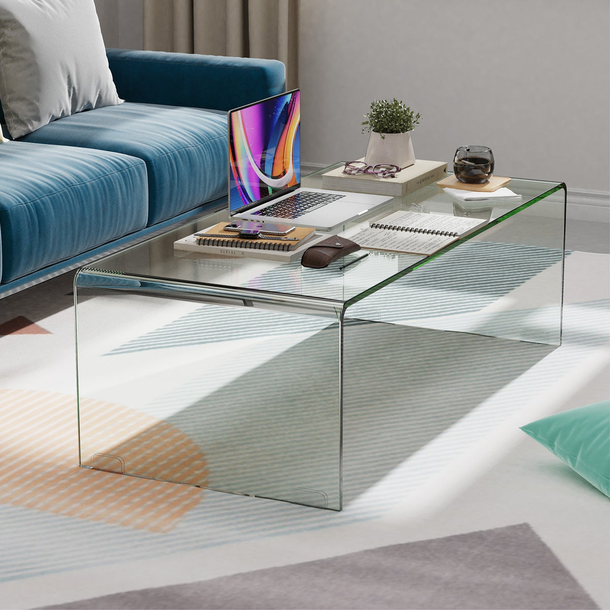 42 x 19.7 Inch Clear Tempered Glass Coffee Table with Rounded Edges-Transparent